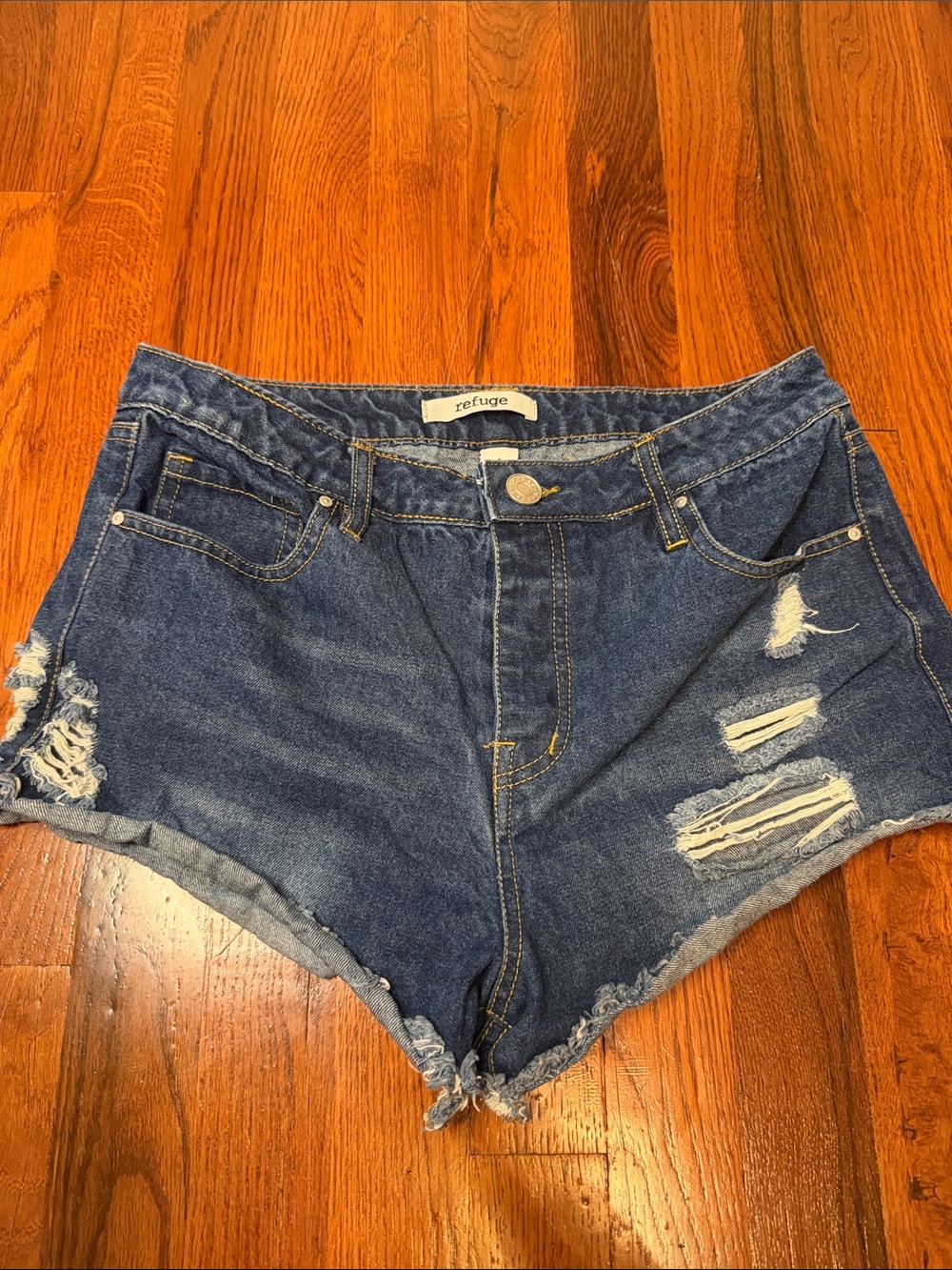refuge Women's Dark Blue Distressed Denim Shorts